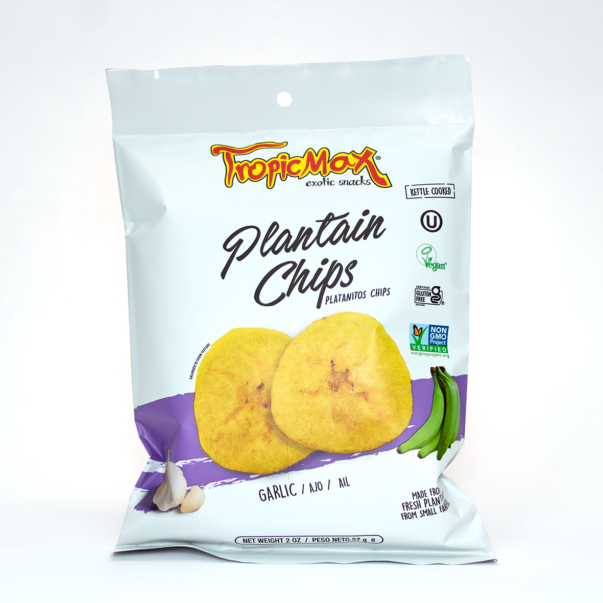 TropicMax Pack of 24 Bags Garlic-Flavored Plantain Chips 2 oz