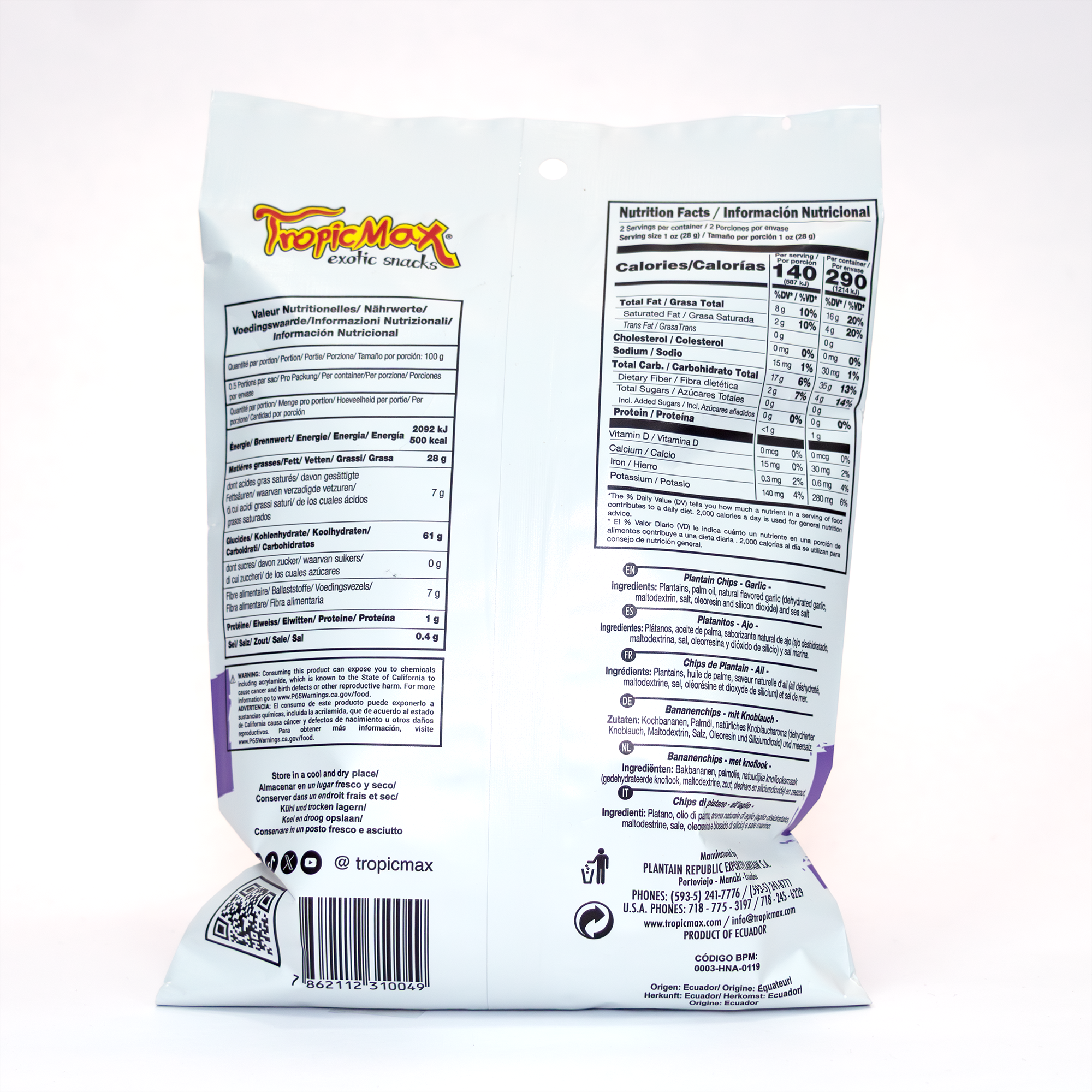 TropicMax Pack of 24 Bags Garlic-Flavored Plantain Chips 2 oz
