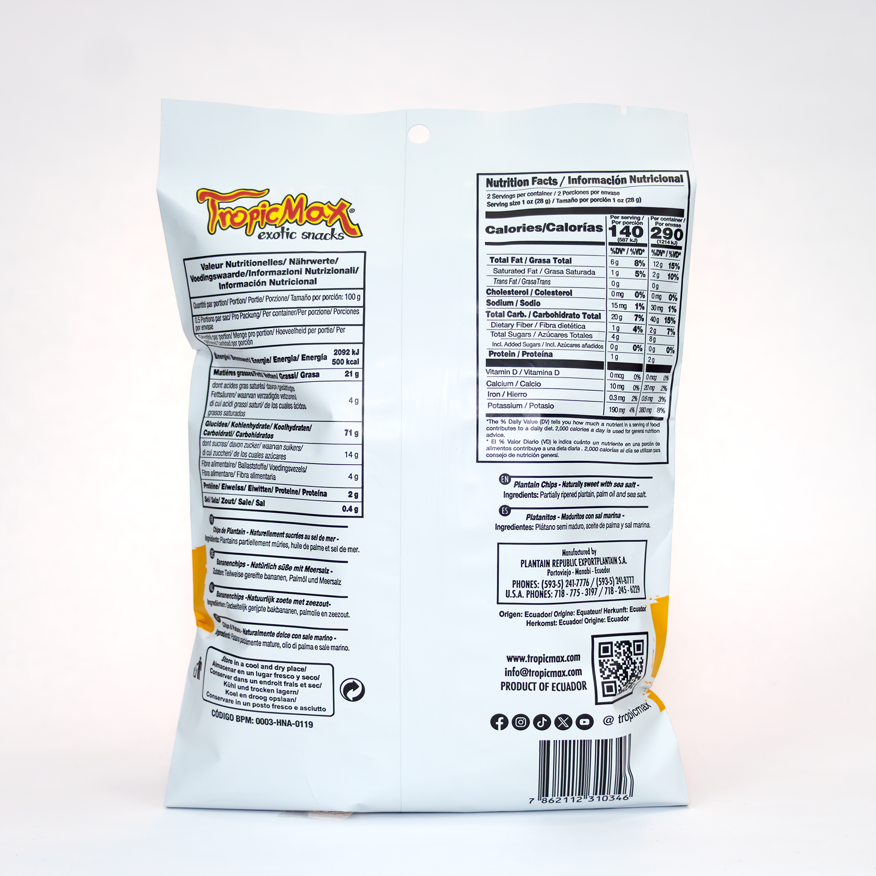 TropicMax Pack of 24 bag of Naturally sweet Plantain Chips lightly salted 2 oz